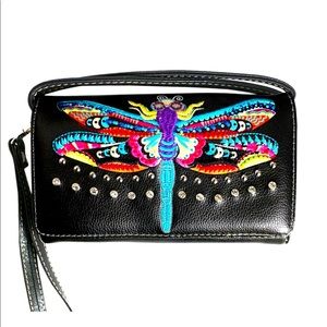 Multi Functional Dragon Fly Embroidery Trifold Clutch Crossbody Wallet